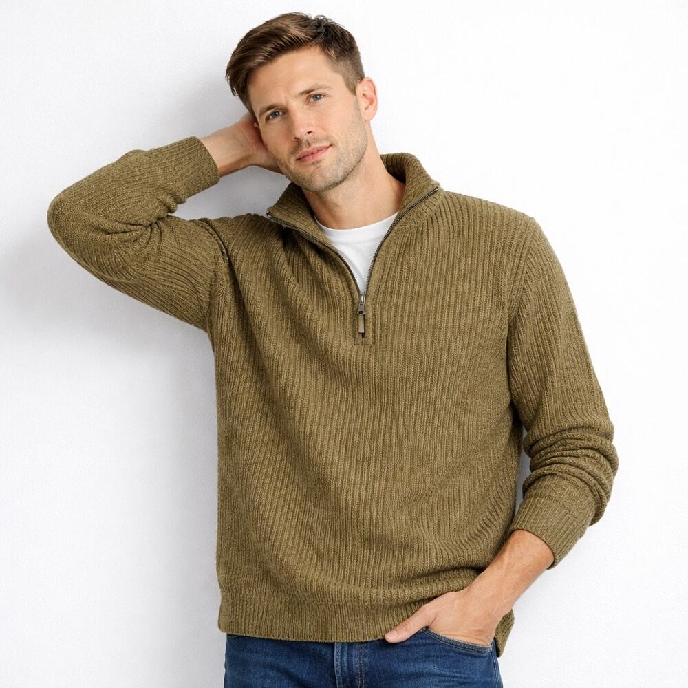 Tommy Bahama Vintage 1/4 Zip Sweater Mens Large Wool Cotton Cable Knit Brown